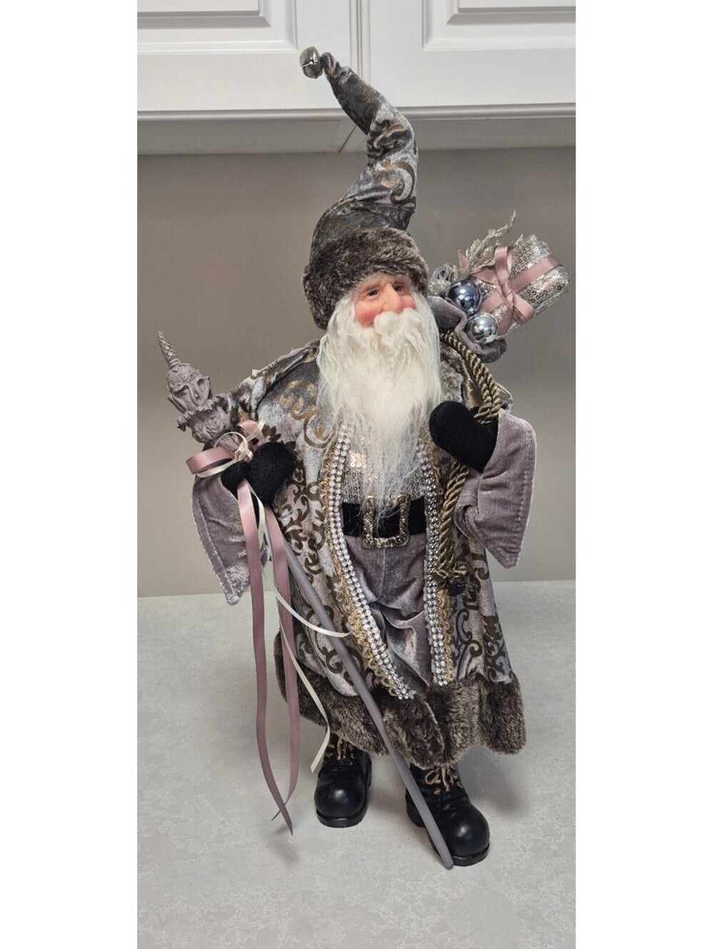 Bella Lux Holiday Collection Silver Grey Velvet Santa Claus Figurine 22"
